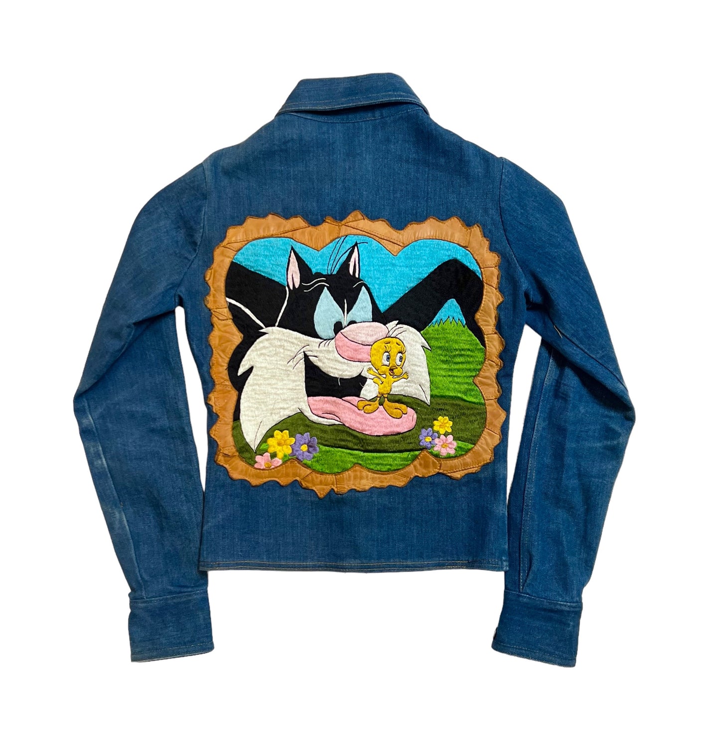 1970s Antonio Guiseppe “Sylvester & Tweety” embroidered denim/leather jacket